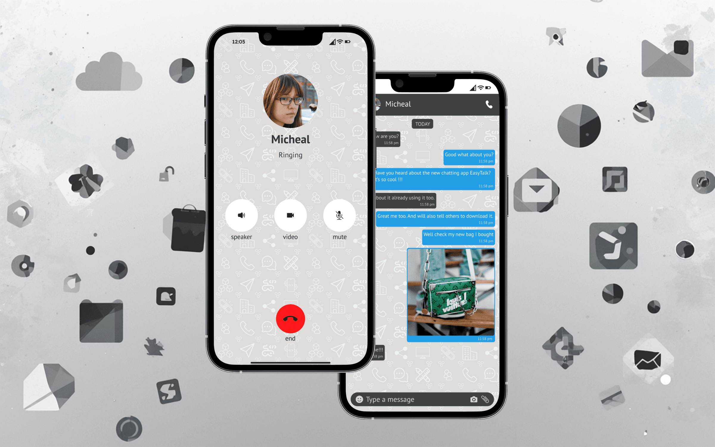 EasyTalk messaging app: group video call and message thread screens