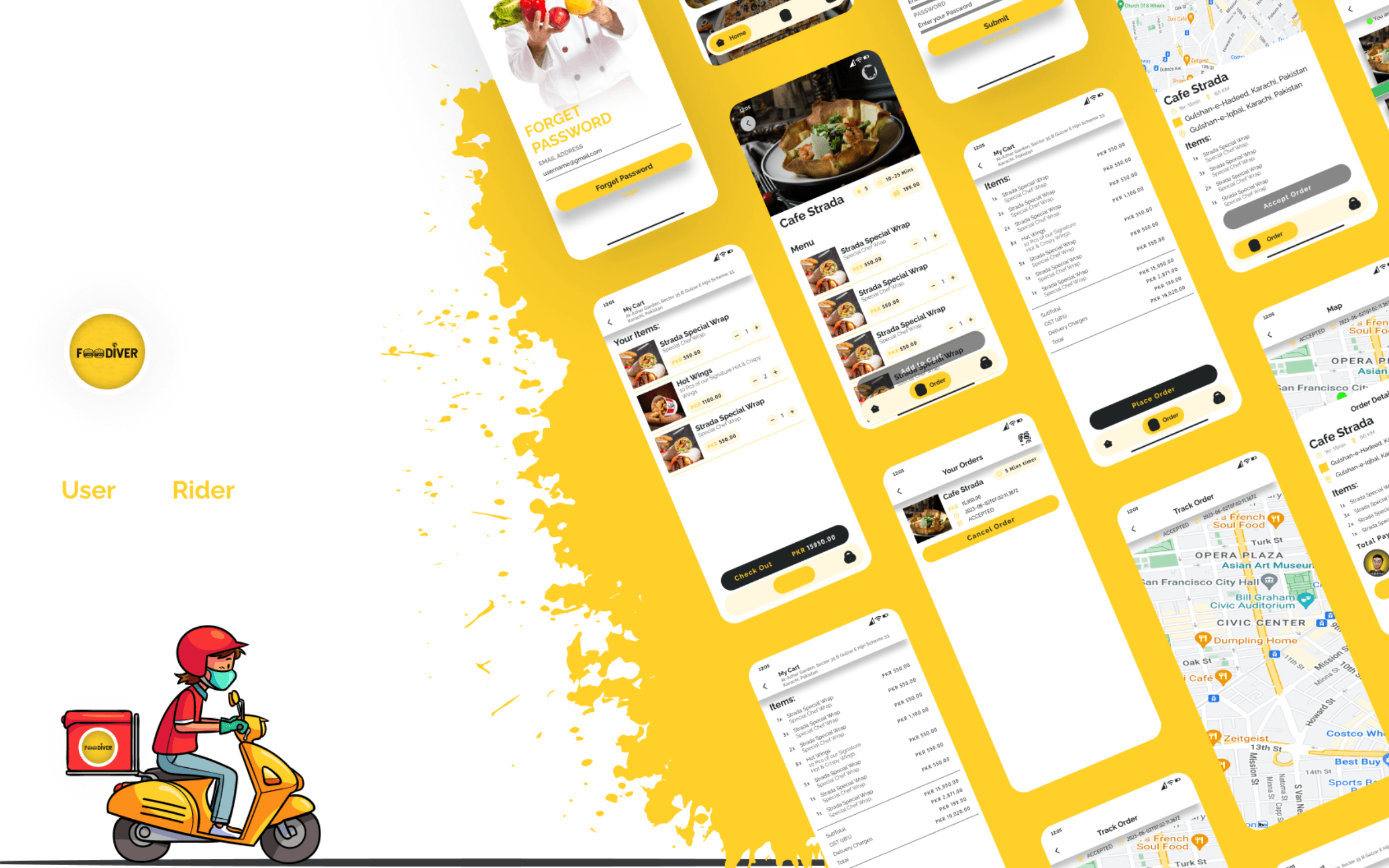 Foodiver food-delivery app: customer and rider screens with live Mapbox tracking