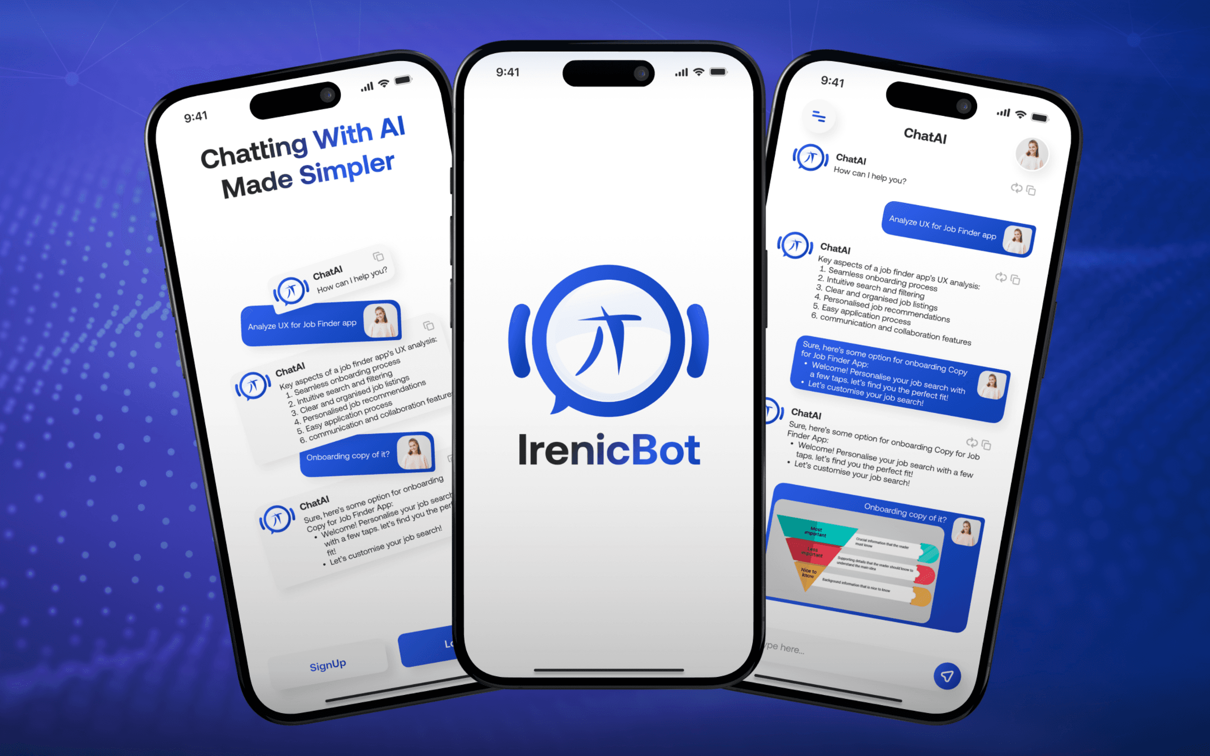 IrenicBot Gemini-powered conversational AI app: chat screens on iPhone
