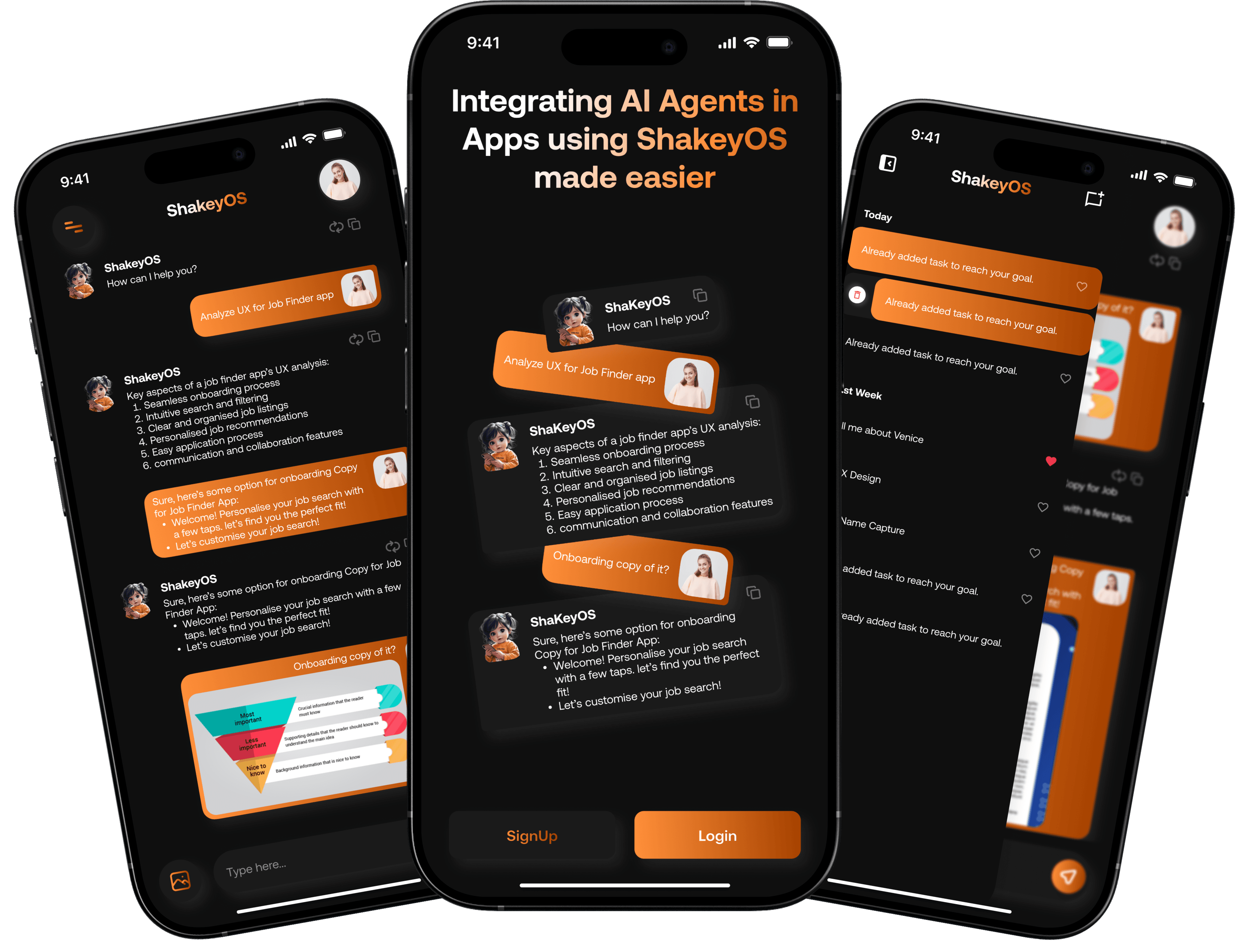 ShakeyOS app shown on three iPhones: AI agents helping with UX analysis, integrated chat with login screen, and conversation history.