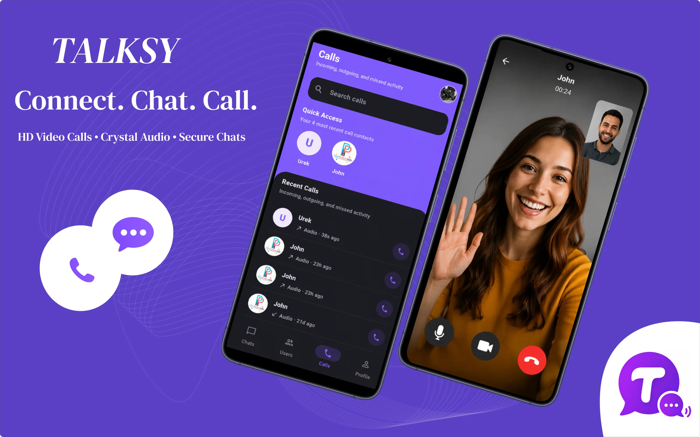 Talksy messaging app: calls list and HD video call screens — connect, chat, and call