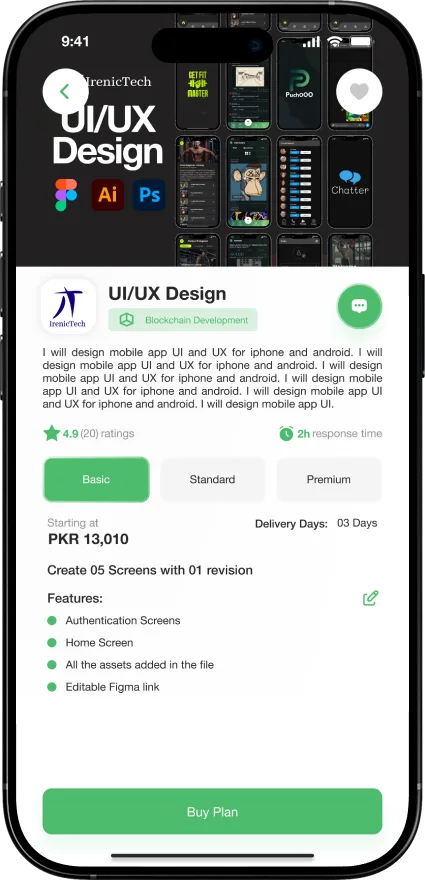 IServices marketplace app: Basic, Standard, and Premium package detail