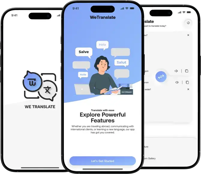 WeTranslate translation app: text, voice, and camera input screens on iPhone